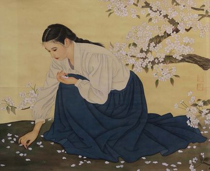 ZHAO GUOJING (NÉE EN 1950) Jeune fille ramassant des fleurs de prunier
Tempera sur...