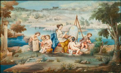 École HOLLANDAISE du XVIIIe siècle Allégorie des Arts: Jeune femme peintre entourée...