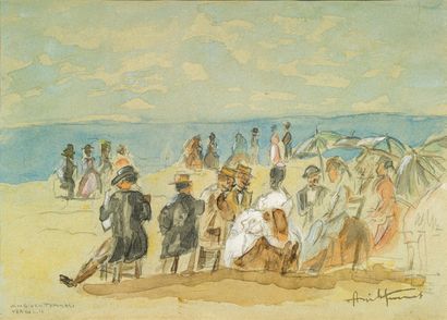 ANGIOLO TOMMASI (1858-1923) La plage à Versilia
Aquarelle, signée en bas à droite...