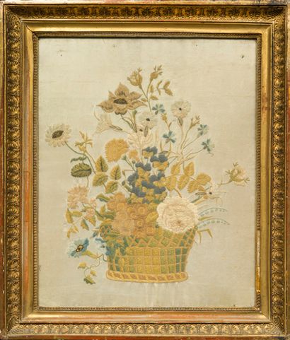 null DEUX TISSUS BRODÉS représentant des bouquets fleuris et feuillagés.
XIXe siècle
Cadre...