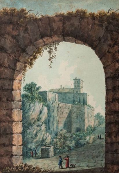 Victor Jean NICOLLE (Paris 1754 - 1826) Promeneurs près d'un arc antique en ruine...