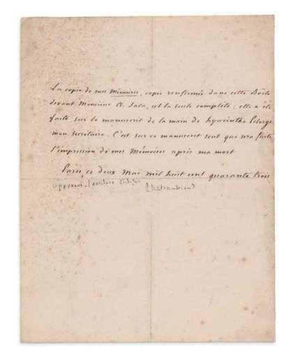 CHATEAUBRIAND FRANÇOISRENÉ DE (1768-1848) P.S. «Chateaubriand» avec apostille autographe,...