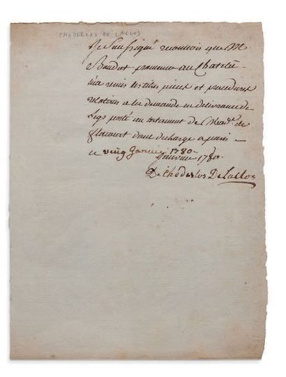 LACLOS PIERRE CHODERLOS DE (1741-1803) P.S. «De Choderlos de Laclos» avec date autographe...