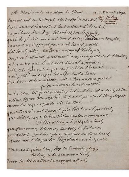 LA FONTAINE JEAN DE (1621-1695) POÈME autographe, A Monsieur le chevalier de Silleri,...