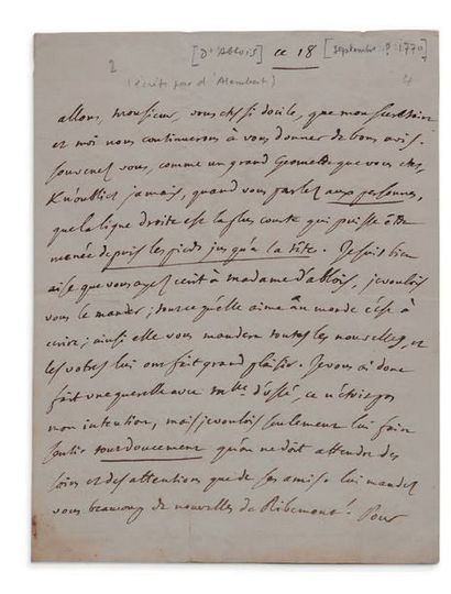 LESPINASSE JULIE DE (1732-1776) Lettre écrite sous sa dictée par
D'ALEMBERT, «ce...