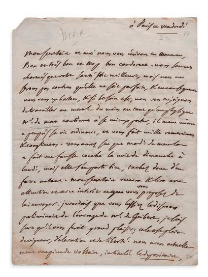 LESPINASSE JULIE DE (1732-1776) Lettre écrite sous sa dictée par
D'ALEMBERT, Paris...