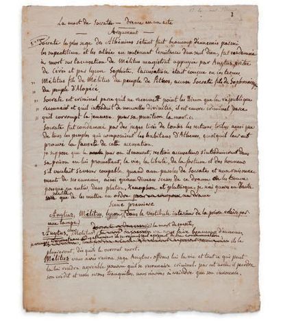 SAINT-PIERRE BERNARDIN DE (1737-1814) MANUSCRIT autographe, La mort de Socrate, drame...