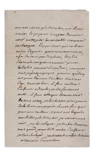 VOLTAIRE (1694-1778) L.A., [septembre-octobre 1759], à Mme d'ÉPINAY; 1 page in-8,...