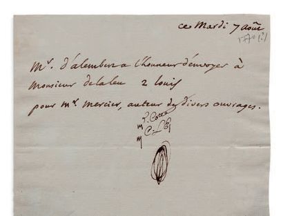 ALEMBERT JEAN LE ROND D'(1717-1783) L.A. signée en tête, 7 août [1770], au notaire...