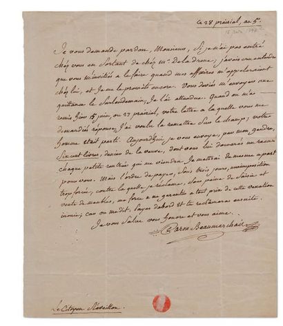 BEAUMARCHAIS PIERREAUGUSTIN CARON DE (1732-1799) L.A.S. «Caron Beaumarchais», 28...