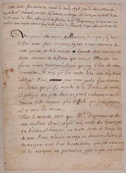 BOILEAU-DESPRÉAUX NICOLAS (1636-1711) MANUSCRIT autographe, [Lettre de Monsieur Arnauld...