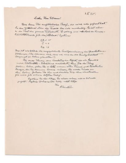 EINSTEIN ALBERT (1879-1955). L.A.S. «A Einstein», 3 février 1950, à Ernst Gabor STRAUS;...