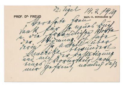 FREUD SIGMUND (1856-1939). L.A.S., Wien, IX, Berggasse 19 14 mars 1929, à une dame;...