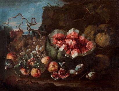 Ecole ROMAINE vers 1670, entourage d'Abraham BRUGHEL Grenade, melon et raisins
Pastèque...