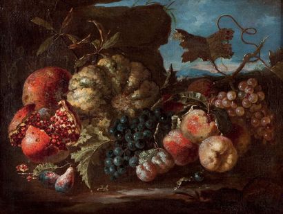 Ecole ROMAINE vers 1670, entourage d'Abraham BRUGHEL Grenade, melon et raisins
Pastèque...