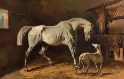 Alfred de DREUX (Paris 1810 - 1860) Les compagnons d'écurie, Cheval gris et lévrier...