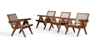 Pierre Jeanneret (1896-1967) 
Suite de 4 fauteuils dits Easy armchair
Teck, moelle...