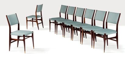 Gio PONTI (1891-1979) Suite de 8 chaises dites 111
Tissu, bois, laiton
88 x 40 x...