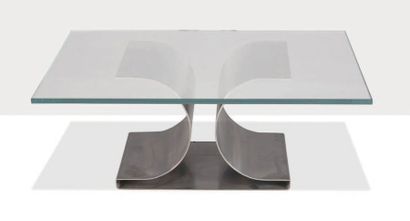MICHEL BOYER (1935-2011) Table dite X Acier, verre
34 x 100 x 100 cm.
Rouve, 1968

Références:
-...