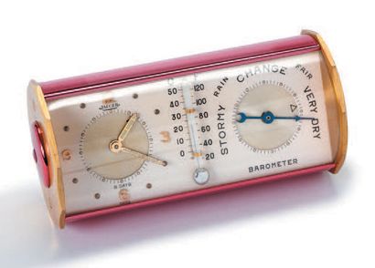 JAEGER Pendulette réveil, baromètre et thermometer cylindre en laiton doré.
Cadran...