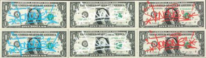 JONONE (Né en 1963) One dollar bill (x6)
Graffiti au feutres bleu, blanc et rouge...
