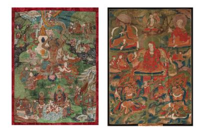 TIBET Deux thangka polychromes sur textile, l'un représentant un arhat surmonté d'une...