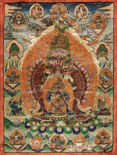 TIBET Grand thangka en polychromie sur textile représentant trois formes de Vishvarupa...