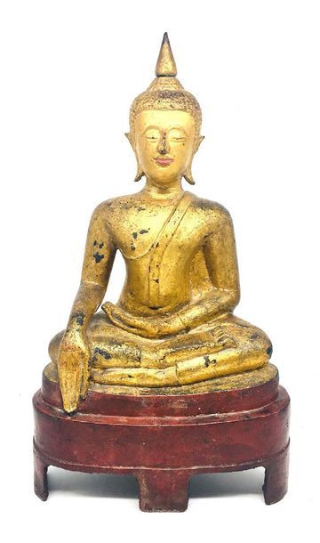 SIAM Siam, vers 1900, Statuette en bronze représentant un bouddha assis en méditation,...