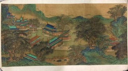 CHINE Fragment d'une peinture sur soie, encre et polychromie, représentant un palais...