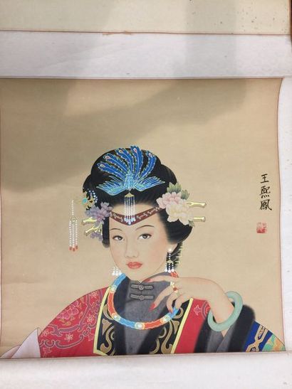 CHINE Lot de deux belles peintures sur papier représentant le portrait de Wang Xi...