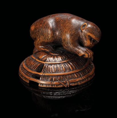 JAPON Netsuke en bois représentant un singe se léchant la patte, installé sur un...