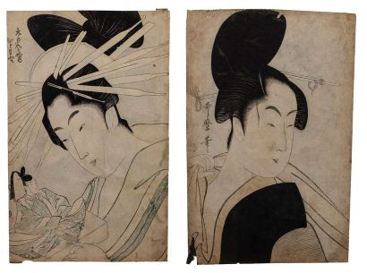 JAPON Deux estampes oban tate-e, l'une signée UTAMARO, représentant une femme en...