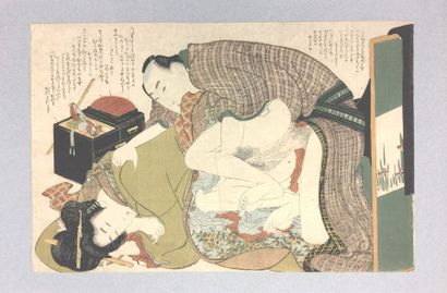 JAPON Deux estampes oban yoko-e à thème shunga, couple auprès d'un coffret à couture,...