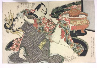 JAPON Deux estampes oban yoko-e à thème shunga, couple auprès d'un coffret à couture,...