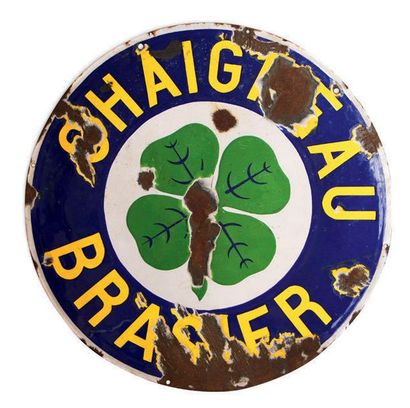 CHAIGNEAU BRASIER Plaque en tôle émaillée et bombée
Éclats
Diam: 60 cm environ