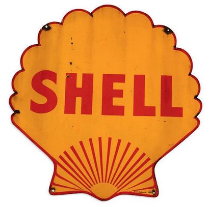 Shell Plaque en tôle émaillée double face
Bon état, éclats
Dim: 99 X 98 cm envir...
