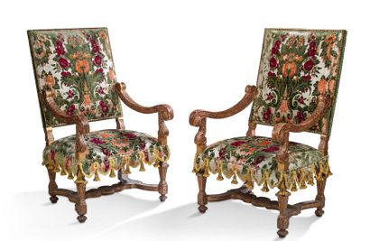 null EXCEPTIONNELLE PAIRE DE FAUTEUILS LOUIS XIV en bois mouluré sculpté et doré...