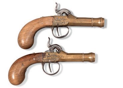 null Paire de pistolets coup de poing à coffre et à percussion, vers 1840.
A Pair...