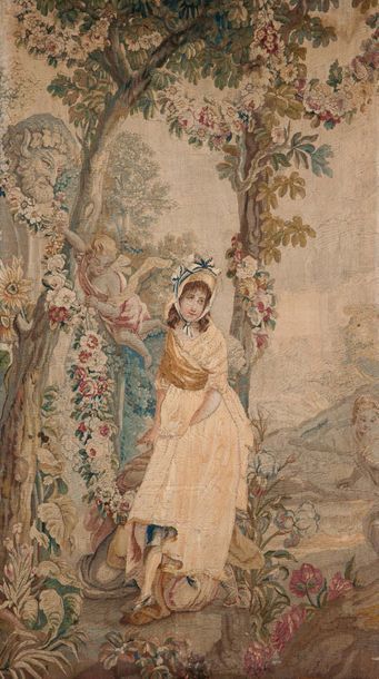 Aubusson XVIIIe siècle Deux tapisseries représentant deux jeunes femmes dans un paysage...