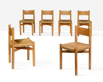 Charlotte PERRIAND (1903-1999) Suite de 6 chaises dites Méribel
Paille, pin
76 x...