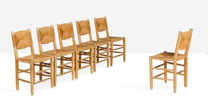 Charlotte PERRIAND (1903-1999) Suite de 6 chaises dites 19
Frêne, paille
83 x 43...