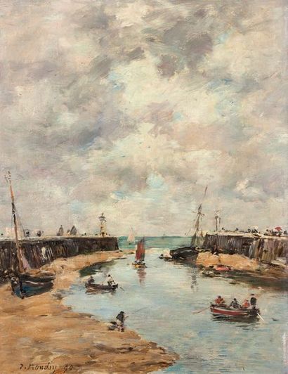 Eugène BOUDIN (1824-1898) Trouville, les jetées, marée basse, 1890 Huile sur panneau,...