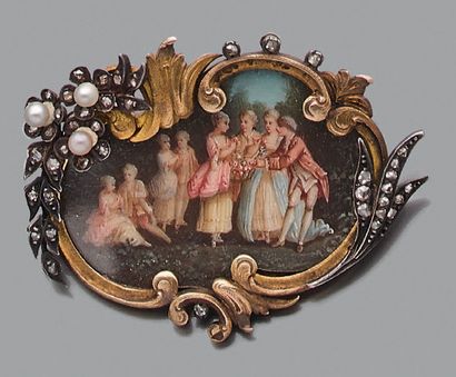 null Broche "miniature scène galante"
Diamants taillés en rose et petites perles,...