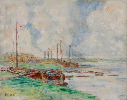 James Ensor (1860-1949) Ostende, Canal

Huile sur panneau, signée en bas à gauche,...