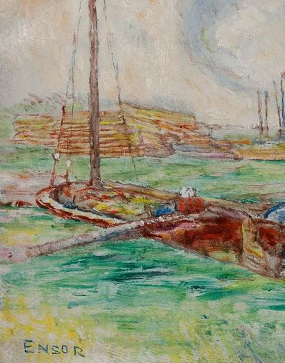 James Ensor (1860-1949) Ostende, Canal

Huile sur panneau, signée en bas à gauche,...