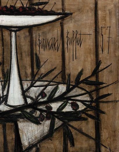 Bernard BUFFET (1928-1999) Cerises dans un compotier, 1957 Huile sur toile, signée...