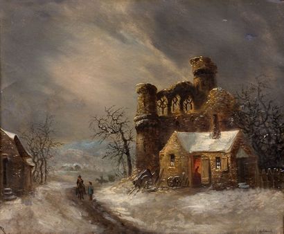 Attribué à Louis Claude MALBRANCHE (1790 - 1838) Paysage d'hiver avec une chaumière
Sur...