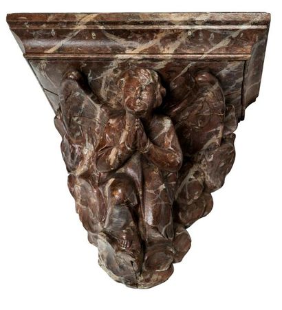 null • CONSOLE MURALE en bois sculpté et peint à la façon du marbre à décor d'un...