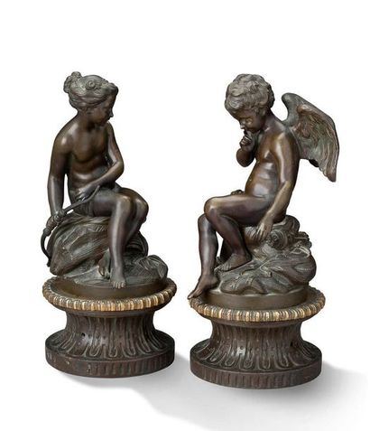 D'après Etienne Maurice FALCONNET (1716-1791) Paire de figures en bronze à patine...