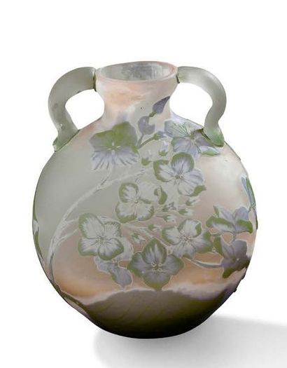 Etablissements Emile GALLE Petit vase gourde à anses en verre à décor dégagé à l'acide...